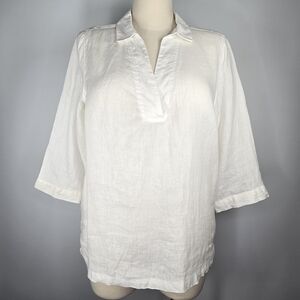 Tahari 100% Linen Split Neck Quarter Sleeve Tunic Blouse Cover-Up White Size L